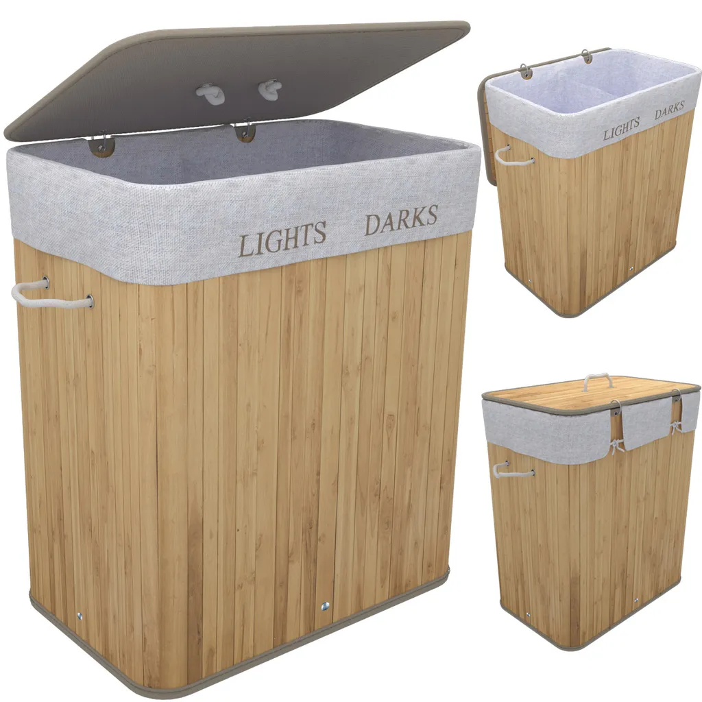 TOSANEO Bambus Wäschebox Natur 100 Liter faltbarer Wäschekorb mit 2 Fächern Wäschesammler mit Deckel Wäschetruhe mit großem Fassungsvermögen